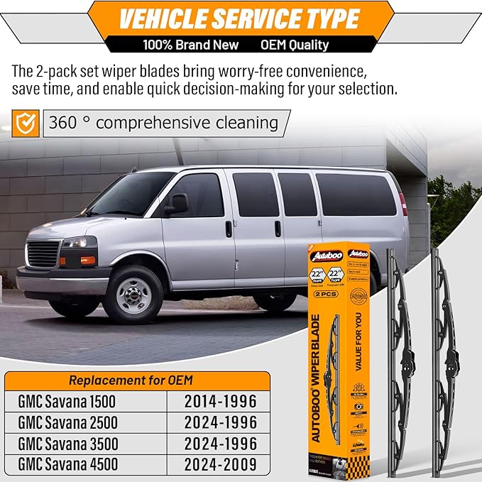 AUTOBOO 22"+22" Windshield Wipers Replacement for 1996-2024 GMC Savana 1500 2500 3500 4500 -Original Factory Quality Wiper Blades (Pack of 2)