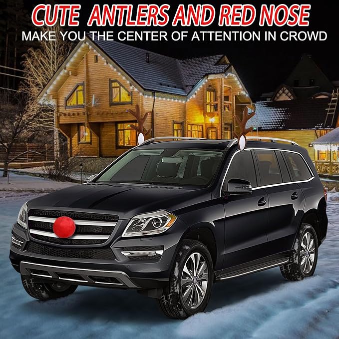 Christmas Car Reindeer Antlers with Nose & Ears - Festive Plush Antler Kit with Lights & Bells - Universal Holiday Decoration for SUV Van Truck