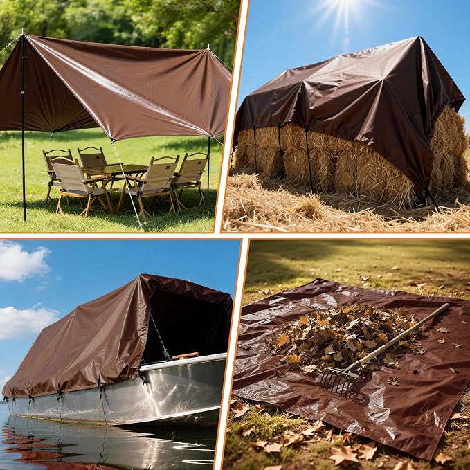 12x24FT Waterproof Tarp, Yumatum 10 Mil Heavy Duty Tarps with Reinforced Edges/Brass Grommets, 100% UV Blocking/Tear Resistant Poly Tarp for Camping, Patio, Tent, Boat(Brown/Black)