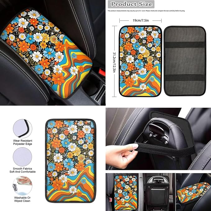 12 Pcs Hippie Flower Car Seat Covers Full Set for Women Lady,Retro Daisy Flower Colorful Swirl Wavy Auto Seat Protection Groovy Floral Steering Wheel Cover Car Coaster Automotive Interior Set