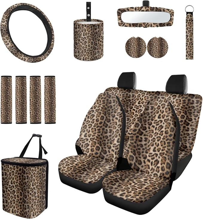 15 Pcs Brown Leopard Car Seat Cover Full Set for Women with Steering Wheel Cover Seat Belt Cover Trash Bin Front Rear View Mirror Car Cup Holder Keychain