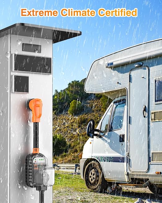 GEARGO 𝟑𝐫𝐝-𝐆𝐞𝐧 RV Surge Protector 50 Amp, Latest 18000J Surge Protection RV Circuit Analyzer, RV Adapter Plug for Camper with Waterpoof Cover, Plug and Play（Orange）