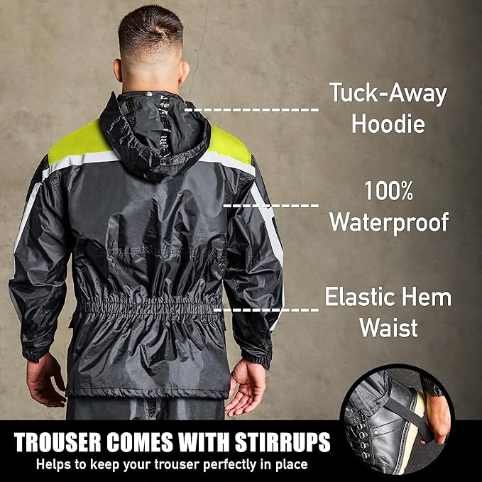 Waterproof Motorcycle Rain Suit, 2-Piece Reflective Gear, Lightweight Riding Jacket & Pants, Protective Raincoat with Hoodie