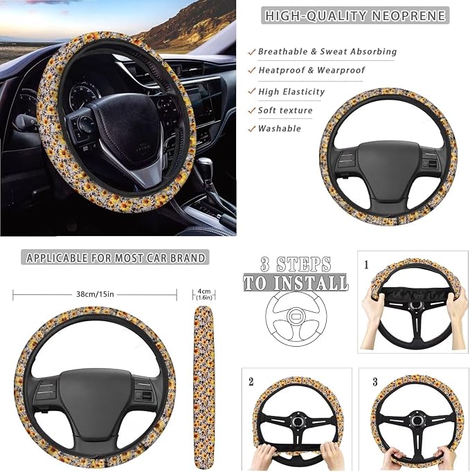 Xoenoiee Sunflower and Cow Skin Print 11 Pcs Universal SUV Car Seat Covers Auto Interior Accessories Full Set with Steering Wheel Covers, Seat Belt Pads, Key Chain, Car Cup Mat