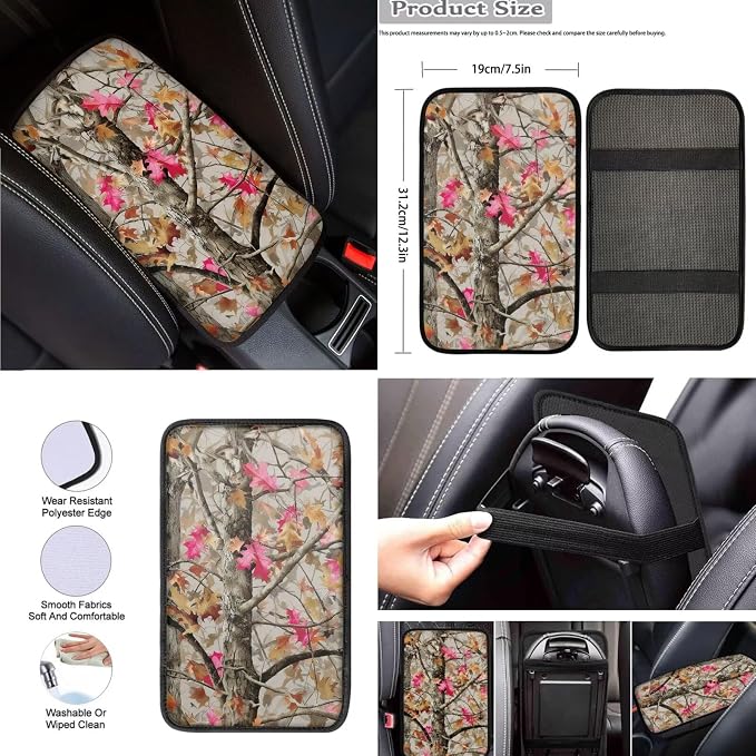 8 Pcs Camo Maple Leaves Car Seat Covers Full Set Car Accessories for Women Front Seat Cover Steering Wheel Armrest Cover Seat Belt Cover for Auto SUV Interior Decoration
