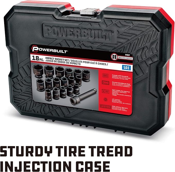 Powerbuilt Impact Socket Set, SAE 18 Piece, 1/2 Inch Drive Tools, 5 Inch Extension Bar, Z-Drive Sockets Grip, Storage Case - 940837