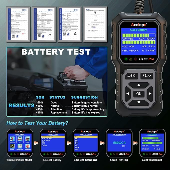 BT60 PRO Car Battery Tester 6V/12V/24V, 2–120Ah, 100–3000 CCA, AGM/Gel/Lithium, Alternator & Starter/Charging System Analyzer, QR Cloud Report (No App), Digital Checker