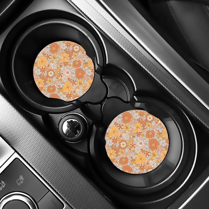 Vintage Daisy Groovy Flower Auto Seat Cover for Women 12 Pcs Abstract Boho Blossom Car Steering Wheel Cover Coaster Seatbelt Pad Keychains Durable Universal Fit Automotive Interior Accessory