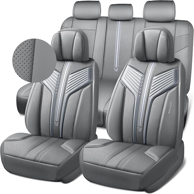 CAR PASS Nappa Leather Seat Covers, Breathable Waterproof Car Seat Covers Full Set, Luxury Leather Front and Back Seats Full Coverage, Universal Fit SUV Pick-up Truck Sedan Automotive(Gray)