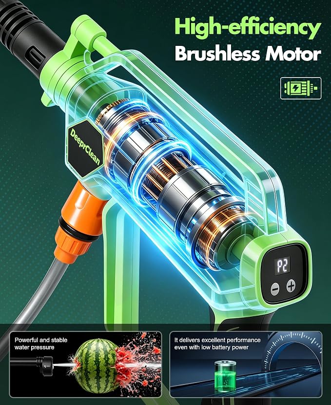 DeeprClean Cordless Car Washer with 6-in-1 Nozzle, Portable Vehicle Cleaning Tool with Brushless Motor |3 Adjustable Levels & Battery Display | Lightweight Spray Tool for Car, Patio Outdoor Use-Lime