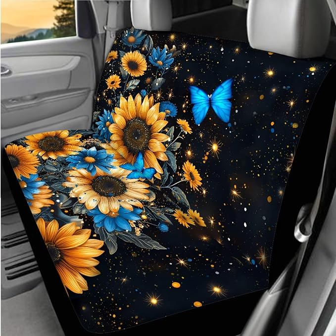 BIGCARJOB 15 Pcs Blue Butterfly Car Interior Sets for Women Car Seat Cover Sunflower Print Vehicle Bucket Seat Cover Full Set Trash Can Car Seat Headrest Pillow Cover Seat Belt Pads