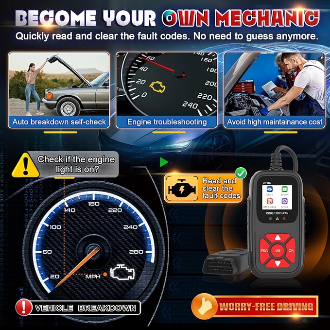 OBD2 Diagnostic Tool for All Vehicles from 1996 Onwards, Read & Solve Error Codes + Live Data Directly on the Display, Compatible with BMW, VW, Audi, Mercedes, CE Certified & Plug & Play