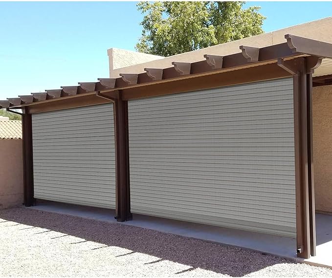 E&K Sunrise 7'W x 11'H Roll Up Outdoor Hollow Out Roller Shade Blind for Patio, Porch, Backyard, Gazebo, Deck, Pergola (Light Gray)