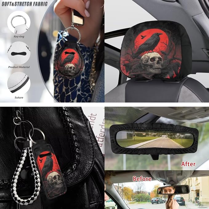 Crow Skull Print Car Seat Covers Set of 15 High Back Front and Back Seat Covers with Steering Wheel Cover Safety Belt Pads Headrest Protectors Armrest Cushion Cup Coasters and Keychain