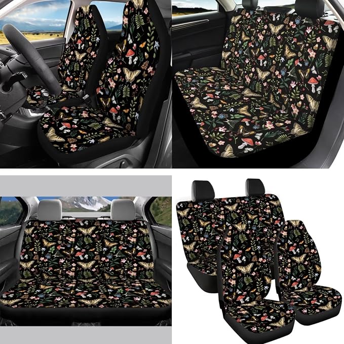Retro Mushroom Car Seat Cover Back Seat Protection Cover 14pcs Set,Absorbent Coaster+Auto Interior Mirror Cover Accessory+Keychain+Steering Wheel Cover+Gear Shift Knob Handbreak Pads