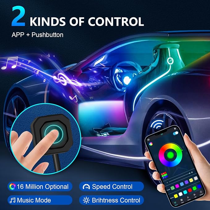Acrylic Interior Car Lights - 6 in 1 LED Strip Lights with APP Control, 175 inches 593 LEDs Fiber Optic Lights, RGB Neon Car Ambient Lighting Kit