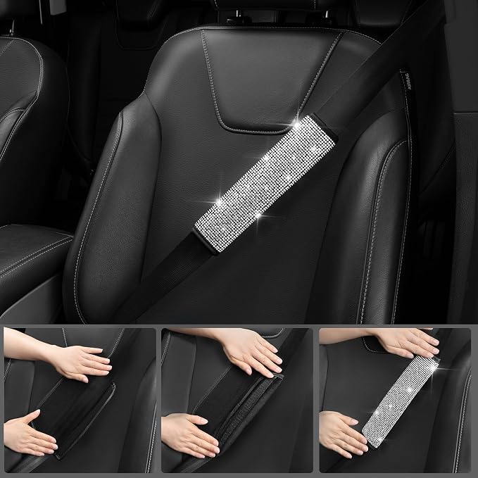 CAR PASS Diamond Bling Leather Seat Covers Set Car Floor Mats Glitter Rhinestone Steering Wheel and Car Interior Accessory Set for Women Silver