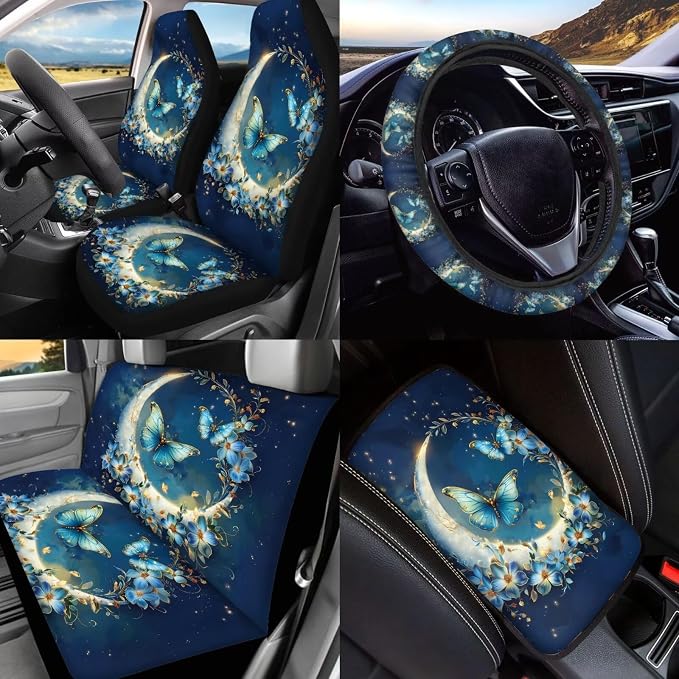 BIGCARJOB Moon Butterfly Car Seat Cover Full Set 15 Pieces Butterfly Print Car Interior Accessories Set with Steering Wheel Cover Car Trash Can Hanging Seat Headrest Covers for Womens