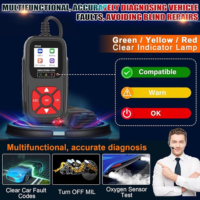 OBD2 Diagnostic Tool for All Vehicles from 1996 Onwards, Read & Solve Error Codes + Live Data Directly on the Display, Compatible with BMW, VW, Audi, Mercedes, CE Certified & Plug & Play