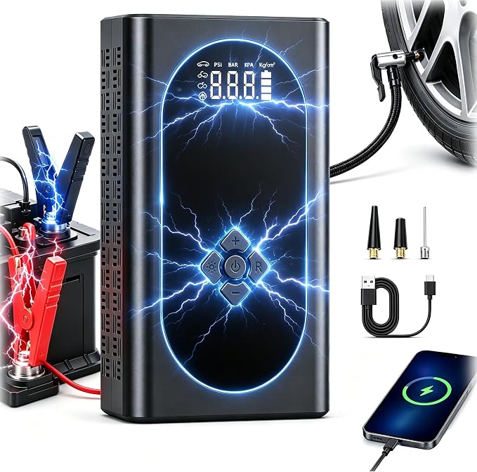 8000A Jump Starter with Air Compressor, 10-in-1 Portable Car Battery Booster and Tire Inflator Fast Charging Power Bank, Air Pump Battery Jumper Camping Road Trips Car Owner Gift