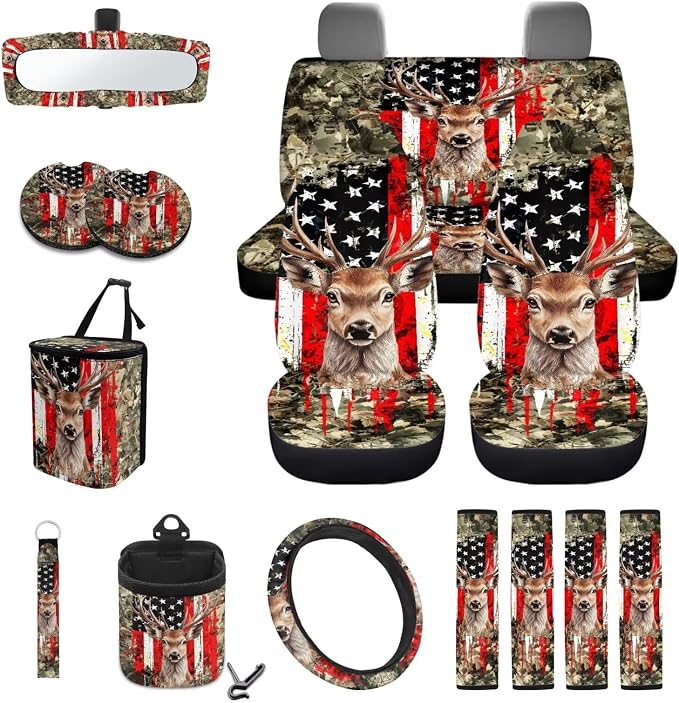 Deer Leaf Camo American Flag Print Auto Interior Sets Full Car Front Rear Seat Covers Steering Wheel Cover Seat Belt Cover Coasters Trash Can Keychain Air Vent Storage Bag 15pcs Set