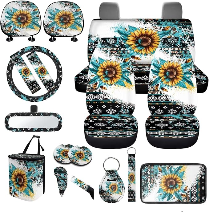 Navajo Sunflower Car Seat Covers Full Sets of 18 Pcs Sunflower Print Car Interior Accessories Sets with Anti Slip Car Seat Belt Pads Cover Leakproof Auto Trash Can Steering Wheel Cover