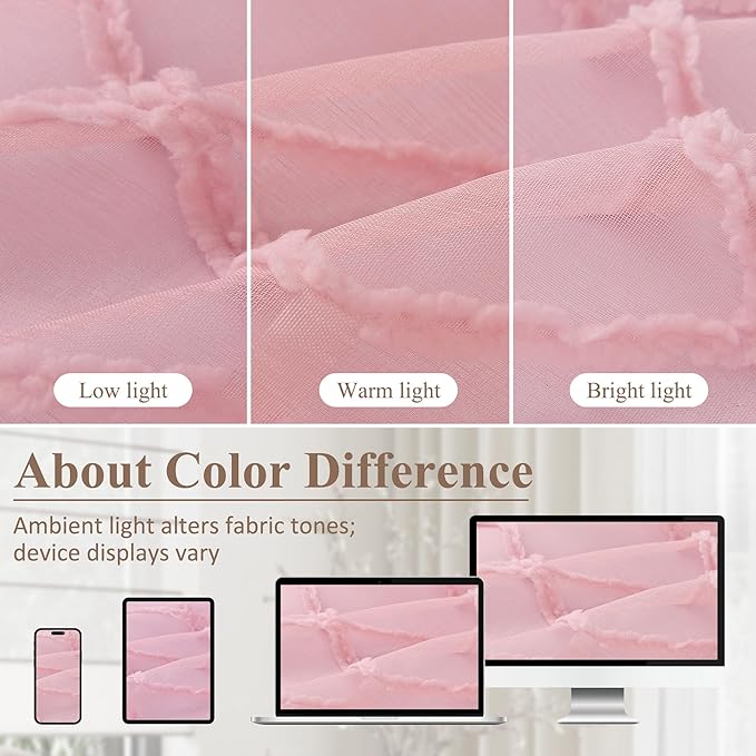 Extra Long Pink Sheer Curtains 120 Inches for Nursery Girls Bedroom 2 Panels Light Filtering Semi-Sheer Curtain for Kids Protect Privacy Home Decor Rod Pocket Geometric Pattern Pom Pom Drapes 52x120