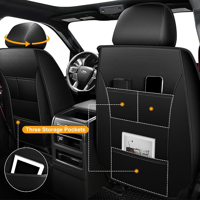 IKABEVEM for Dodge Ram 1500 Seat Covers 2012-2024 2025 2026 | Ram 2500 3500 2012-2026 Seat Covers Seat Cushion Cover with Faux Leather(Flat Bench,Full Set,Black&Grey)