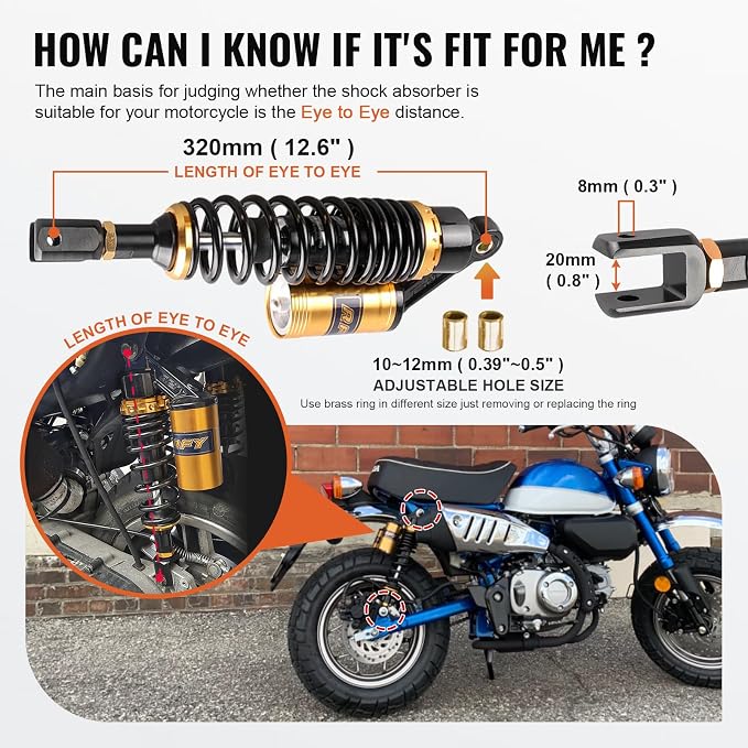 12.6" 320mm Motorcycle Shock Absorbers Clevis End 125cc-200cc for HONDA, for Yamaha, for Suzuki, for Kawasaki ATV Go Kart Quad Dirt Sport Bikes