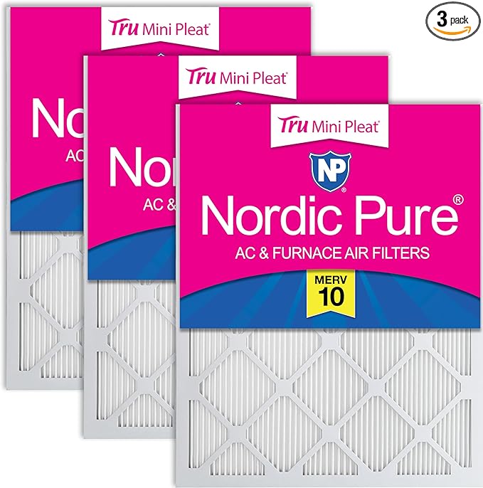 Nordic Pure 25x25x1 (Actual Size: 24 1/2 x 24 1/2 x 3/4) Tru Mini Pleat MERV 10 AC Furnace Air Filters – 2.5X More Media for Longer-Lasting, High-Efficiency Filtration - 3 Pack