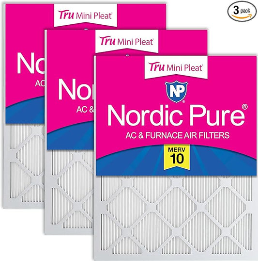 Nordic Pure 25x25x1 (Actual Size: 24 1/2 x 24 1/2 x 3/4) Tru Mini Pleat MERV 10 AC Furnace Air Filters – 2.5X More Media for Longer-Lasting, High-Efficiency Filtration - 3 Pack