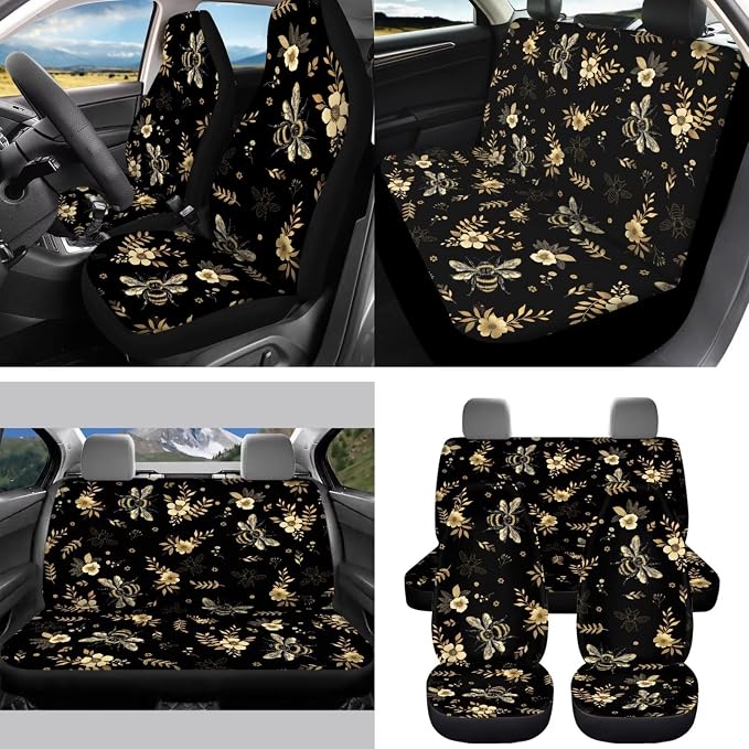 Floral Bee Auto Interior Accessories Car Seat Covers with Auto Steering Wheel Cover Seat Belt Covers Car Trash Can View Mirror Cover Coaster Keychains
