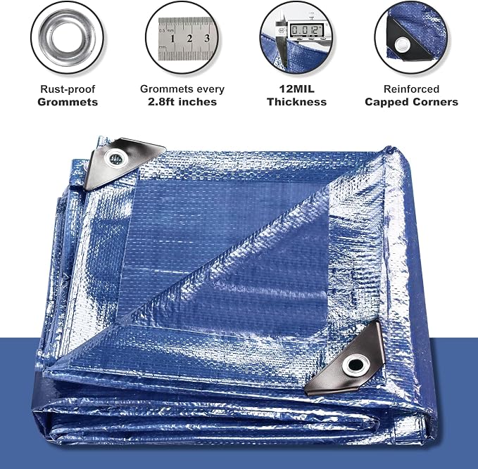 Tarps Waterproof 10x12 Feet, 4 Pack Heavy Duty Blue Tarp Cover 12 Mil Thick, Resistant Plastic Tarpaulin with Metal Grommets, Outdoor Tarp Cover for Car,Trailer