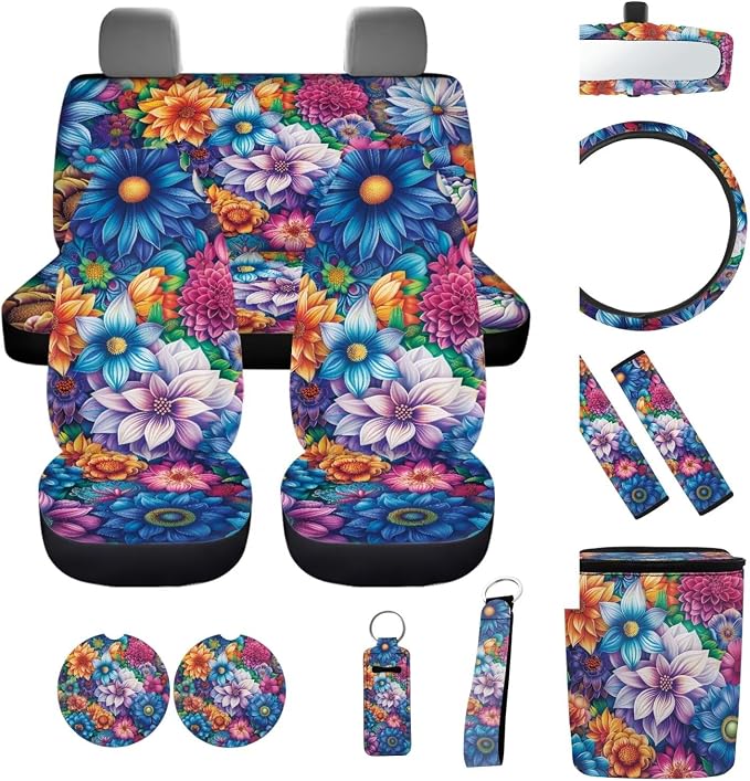 Colorful Flowers 12 Pack Automobile Seat Cover Set Car Steering Wheel Cover Seat Belt Cover Car Trash Can Coasters Decor Accessories Fit Most Cars, Truck, SUV, or Van