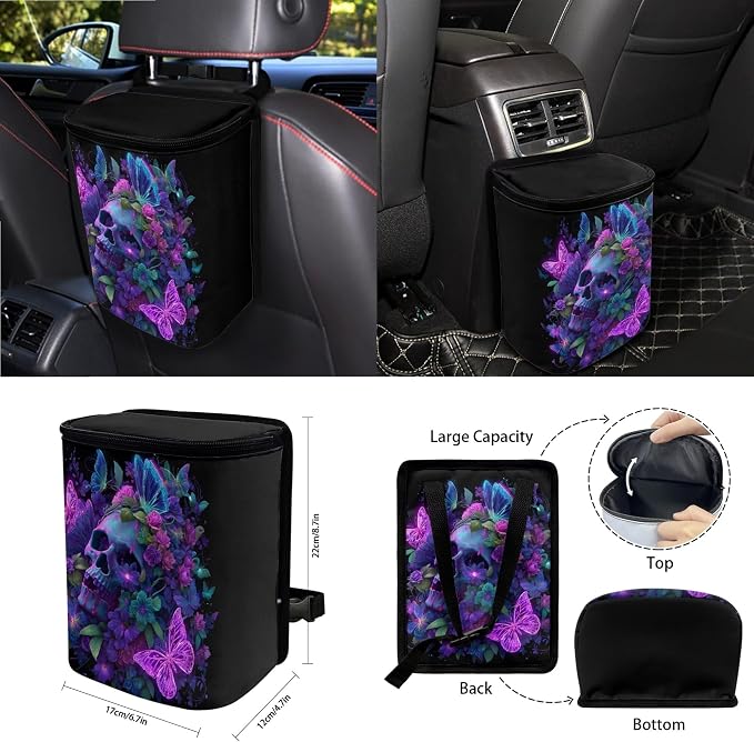 Skull Floral Butterfly Print Car Seat Cover Set Steering Wheel Covers Seat Belt Strap Cover Garbage Cans Air Vent Storage Holder Rear View Mirror Covers Coasters Key Chain, 15 Pack