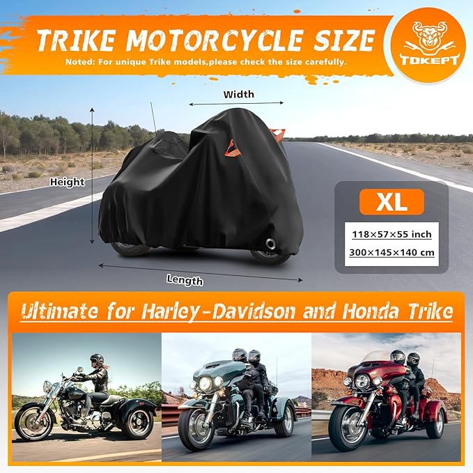 Trike Cover for Harley-Davidson Honda Gold Wing Kawasaki 3 Wheeler Motorcycle Outdoor Waterproof Storage Cover with Antenna Opening Windproof Buckle (Black)