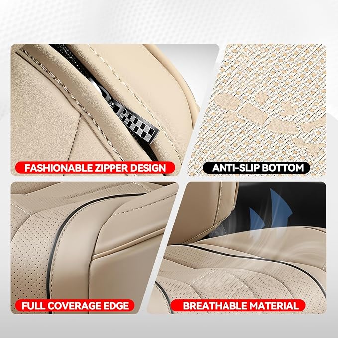 Auto Dynasty Car Seat Covers Full Set, Anti-Slip Automotive Interior Covers with Storage Pocket, Breathable Car Seat Protectors, Airbag Compatible, Universal Fit Most Vehicles, Beige (Touring Series)