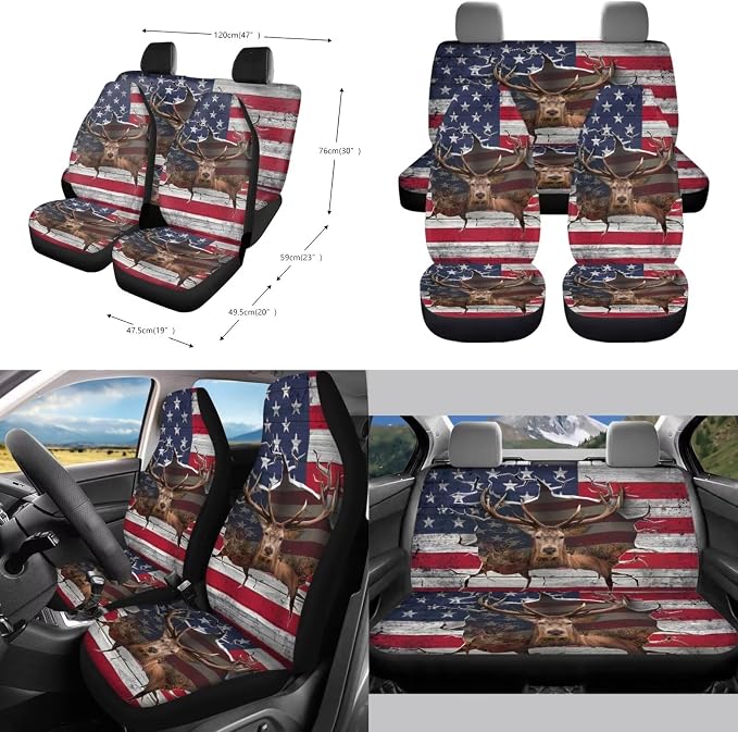 3D Deer American Flag Print 10pcs Car Accessories, Non Fading Auto Front & Rear Seat Cover Steering Wheel Cover Car Trash Can Keychains Coasters Air Vent Storage Bag for Women Men