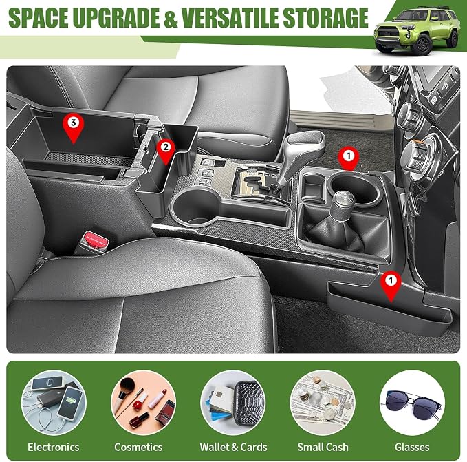 Center Console Organizer for 2010-2024 Toyota 4Runner Upgraded Hanging Armrest Box Extra Storage Gear Shift Side Tray for 4 Runner Interior Accessories(Fit Hanging+Shifter+Armrest Organizer)