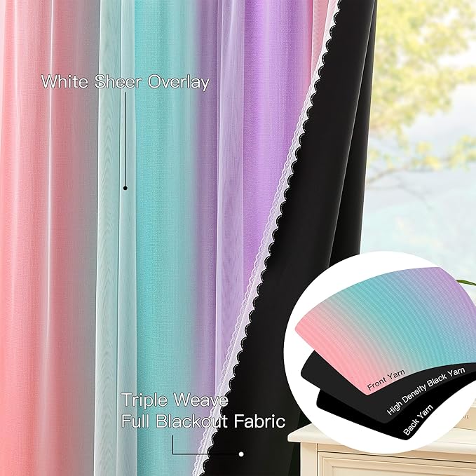 XiDi Double Layer Curtains for Nursery Girls Bedroom 84 Inches Long Full Blackout for Kids Princess Room Colorful Rainbow Design Unicorn Wall Decor Ombre Pink Purple Green Curtains W52 X L84 2 Panels