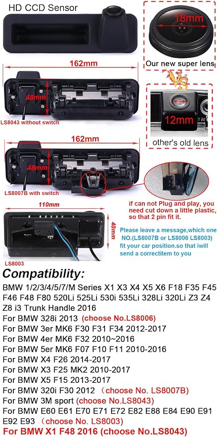 1280 * 720 Car Rear View Camera Parking Reverse Replacement for BMW 1/2/3/4/5/7/M Series X1 X3 X4 X5 X6 F18 F15 F35 F45 520Li 525Li 530i 535Li 328Li 320Li F30 F31 F34 F10 F11 X4 X5 X3 F26 F25 F15
