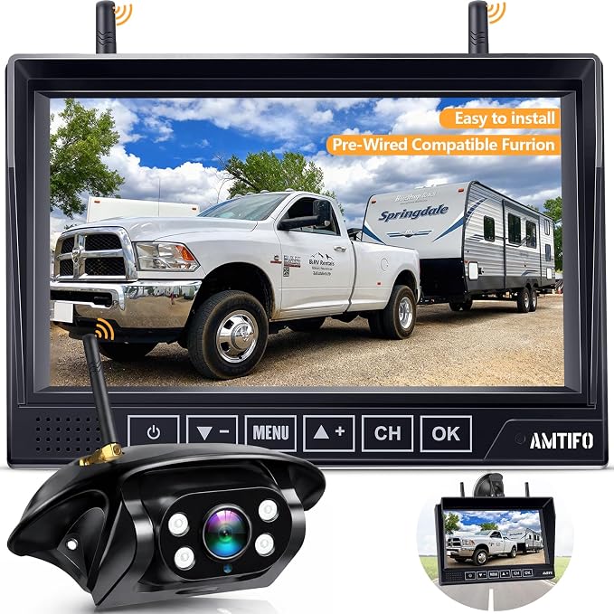 RV Backup Camera Wireless Easy Install: Plug & Play for Furrion Pre-Wired RVs - 7″ HD Touch Key Monitor, 1080P DVR, 4-Channel Split-Screen, Night Vision, IP69K Waterproof AMTIFO A7