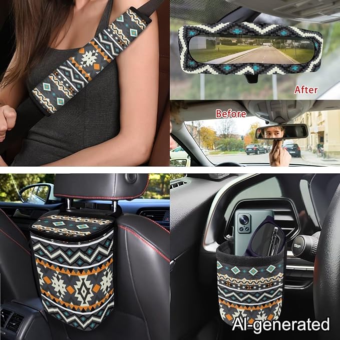 Dreaweet Tribal Car Seat Covers Full Set Geometric Pattern Front and Back Seat Covers with Steering Wheel Cover Seat Belt Pads Coasters Trash Bag Rear View Mirror Cover Keychain 15 Pcs Universal Fit