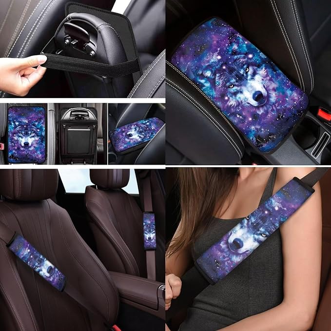Mumeson Galaxy Wolf Car Seat Covers Set with Seat Belt Shoulder Pads/Steering Wheel Cover/Car Armrest Protcet Cushion Pad 8 Pack Car Accessories Interior Decor for Mens