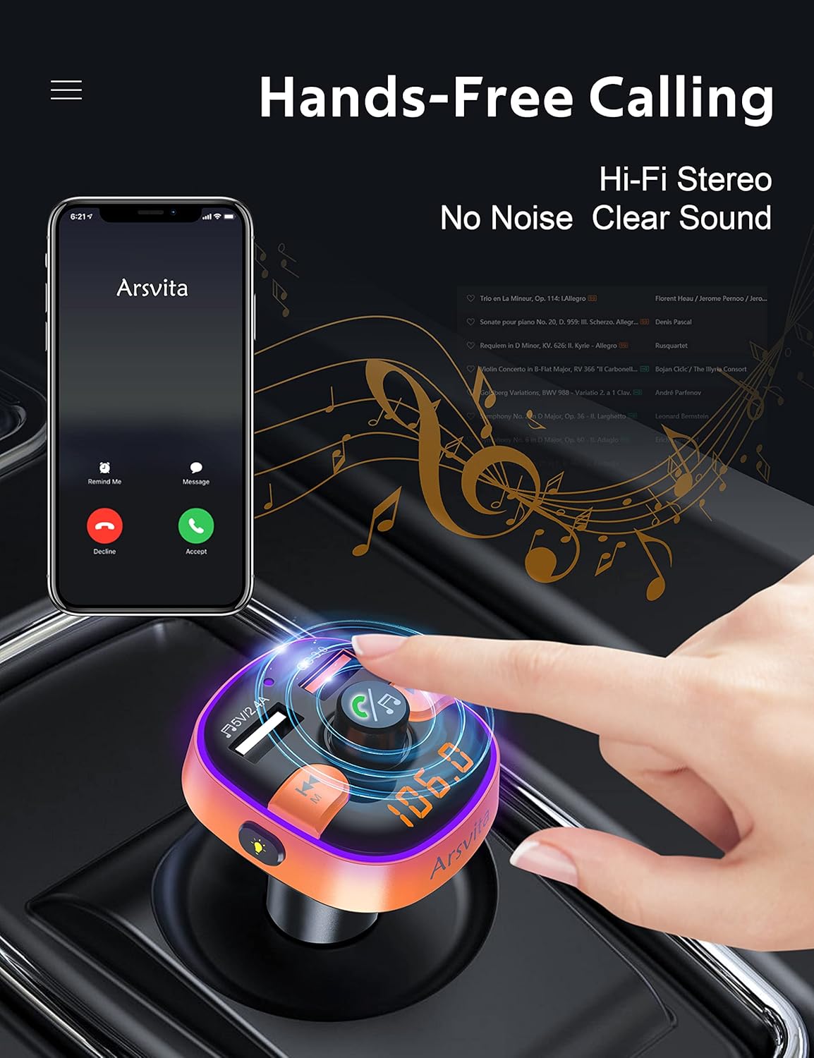 Upgraded Arsvita Bluetooth FM Transmitter for Car, Radio Receiver/Audio Adapter with Dual Car Charger, Support QC3.0 Quick Charging, Hands-Free Calling and Hi-Fi Sound Playback, Orange