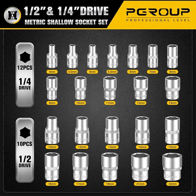43 PCS Mechanic Tool Socket Set, 1/2” & 1/4” Drive Metric Shallow Socket Set (10-24 & 4-13mm), 12 PCS Combination Wrenches (8-19mm), Ratchet Handle, Extension Bar, Universal Joint, Sliding bar