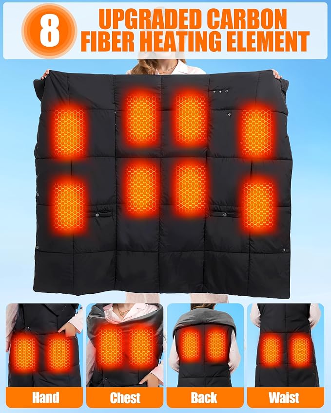 Kids Heated Blanket Battery Powered - 52x43 in Portable Wireless Cordless Throw Electric Rechargeable Heating Blanket, Upgraded 7.4V Battery Pack Heating Element (Black)