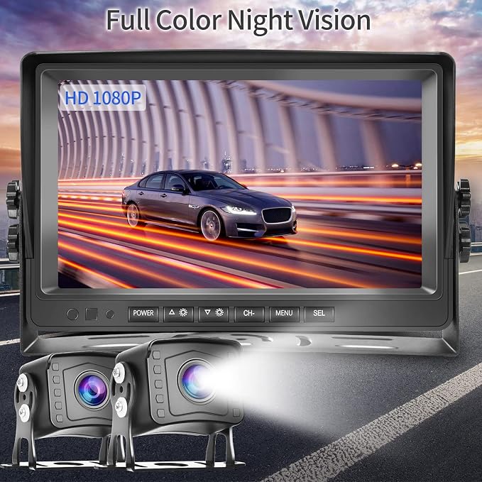 Dual RV Backup Camera System 1080P, Hodozzy 9 Inch AHD Reversing Camera Monitor Wired IP69 Waterproof Full Color Night Vision Loop Recording Car Reversing Rear View Camera for Truck/Trailer/RV 12-35V