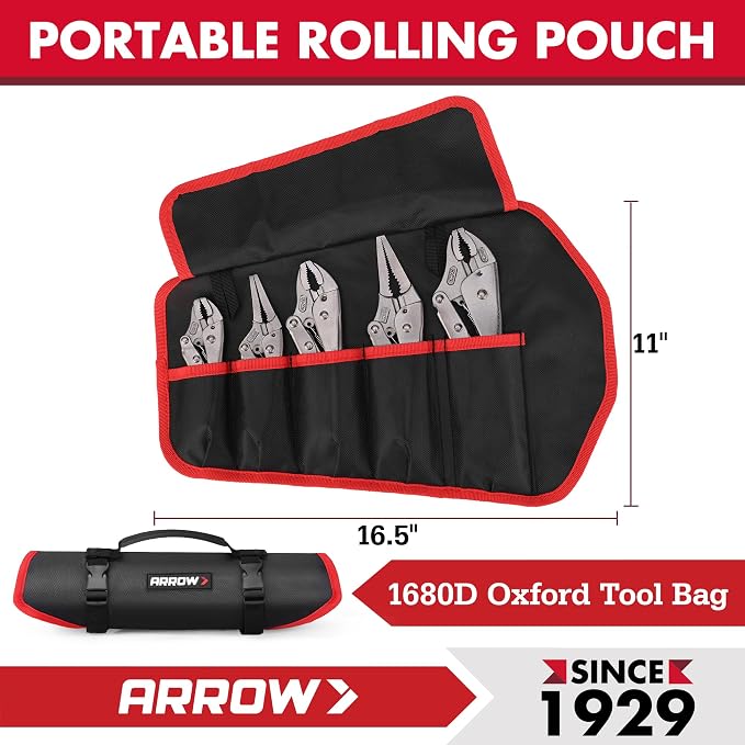 ARROW 5-piece Locking Pliers Set with Rolling Pouch, Chromium-Molybdenum Vice Grips, 5"/7"/10" Curved Jaw, 6.5"/9" Long Nose Vise Grip Pliers