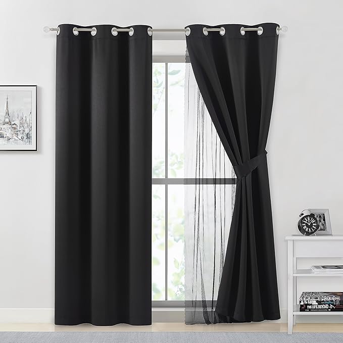 Bujasso Black Full Blackout Curtain Panels with Sheer Overlay Mix and Match Double Layer Thermal Insulated Window Treatment Set for Living Room Black Drapes with Tiebacks Grommet Top 37" Wx95 Lx2